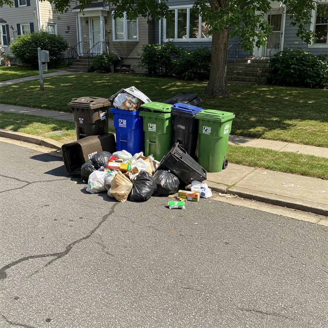 A photo of a missed trash pickup on a residential street. Several overflowing trash cans are spilling onto the sidewalk, with a few bags and loose items scattered around. The scene is set on a sunny day, with bright sunlight casting shadows.