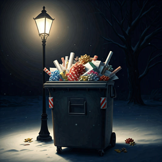 An overflowing trash bin filled with discarded gift wrapping paper and bows, standing on a snowy sidewalk under a streetlamp at night.