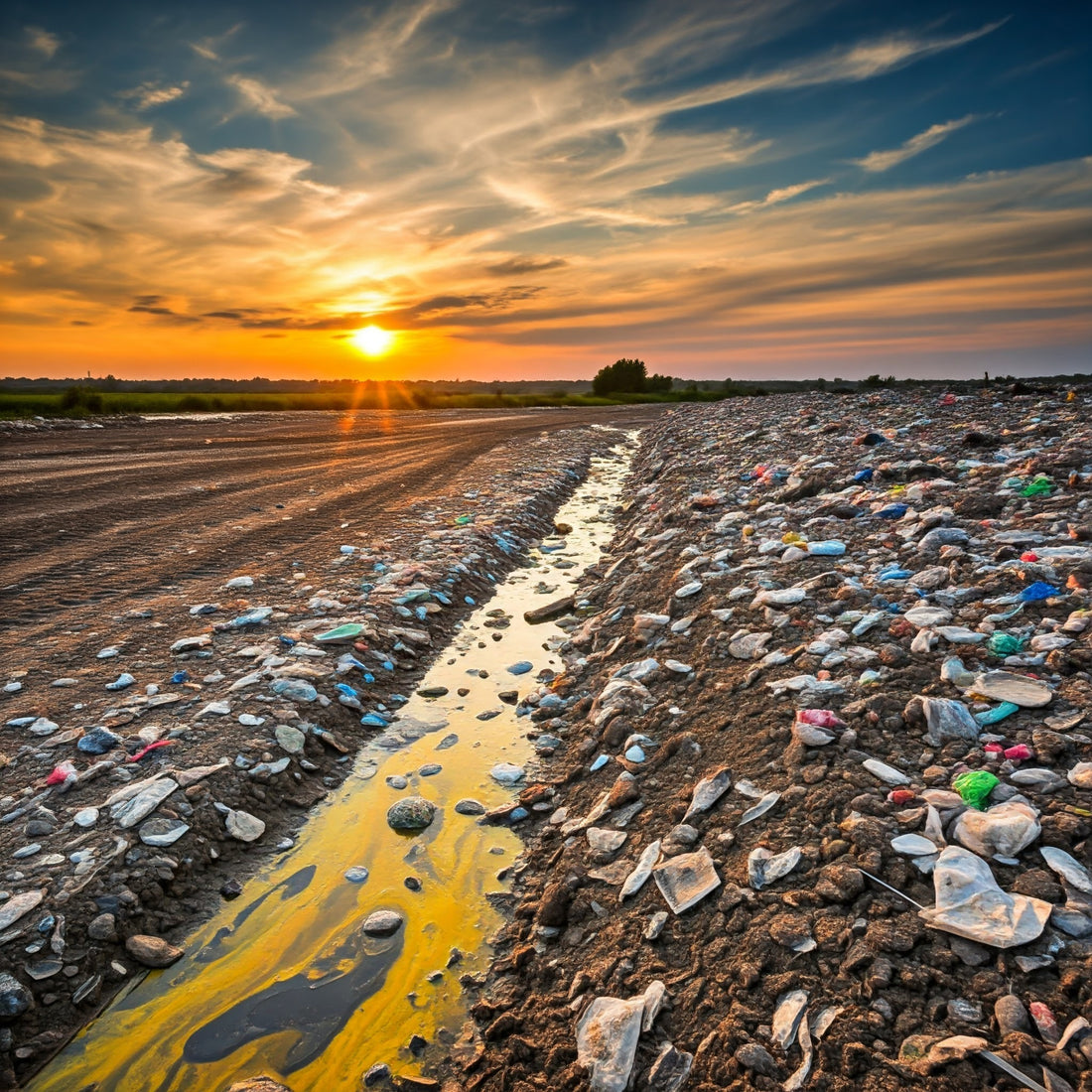The Environmental Impact of Improper Waste Disposal. A vast landfill stretches out under a dramatic sunset sky. A small stream of polluted water flows through the trash, carrying debris and chemicals.