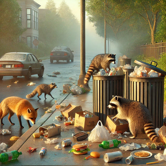 Wildlife and Trash. A photo of a city street at dawn. Several raccoons are rummaging through overturned trash cans, while a fox stands nearby. The street is littered with food scraps and other trash.