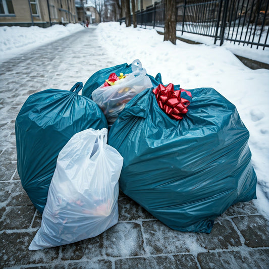 Crumpled holiday wrapping paper, discarded bows, and ribbons overflowing from a trash can on a snowy sidewalk.