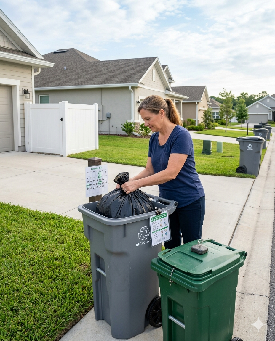 A woman carefully places a tied black trash bag into a grey recycling bin on a suburban driveway, demonstrating proper HOA community compliance.