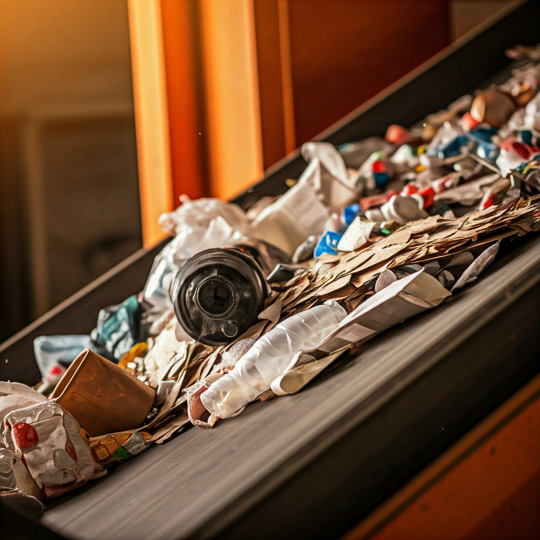  Close-up view of a trash sorting process, showcasing various recyclable materials being separated on a conveyor belt.