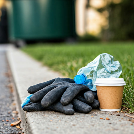 A close-up photo of worn-out gloves, a crumpled water bottle, and a coffee cup overflowing with trash, discarded on the curb during a trash pickup.