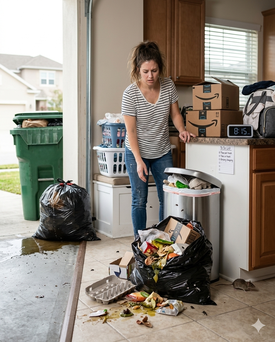 A stressed woman looks down at a ripped garbage bag spilling food waste and recycling onto her kitchen floor, illustrating the time loss and pest risks of improper trash handling.