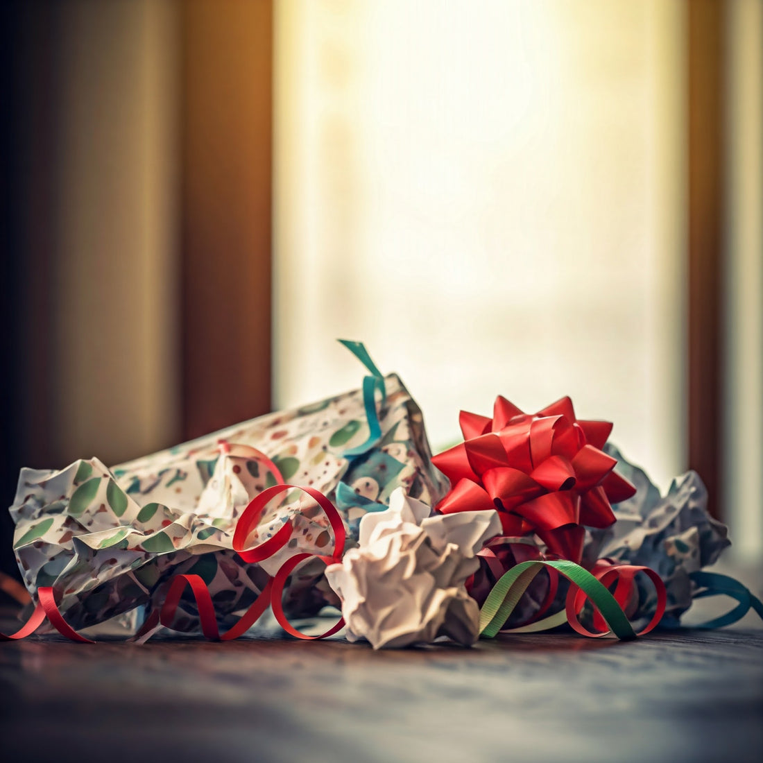 A large pile of colorful wrapping paper, discarded ribbons and bows, and empty gift boxes overflowing from a rusty, overflowing trash can on a snow-covered sidewalk.