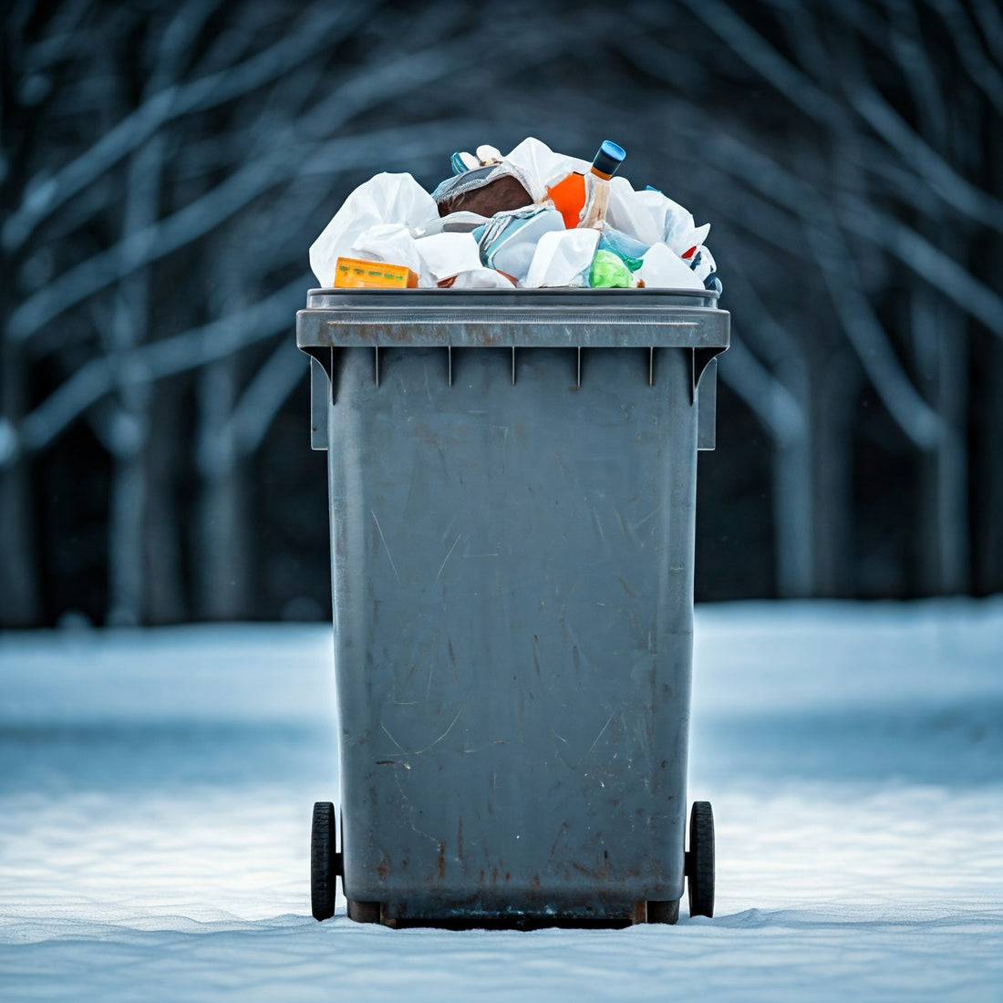 A photo of a trash can overflowing with garbage, with snow piled up around it.