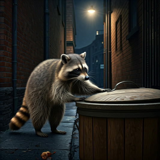 How Can You Keep Wildlife Out of Your Trash? A mischievous raccoon stands on its hind legs, its front paws reaching for the lid of a wooden trash can. 