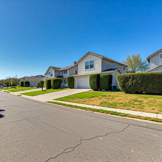  The Importance of Keeping Your Property Trash-Free. A clean suburban street with well-kept homes, manicured lawns, and neat hedges, highlighting the importance of regular trash collection and waste management.