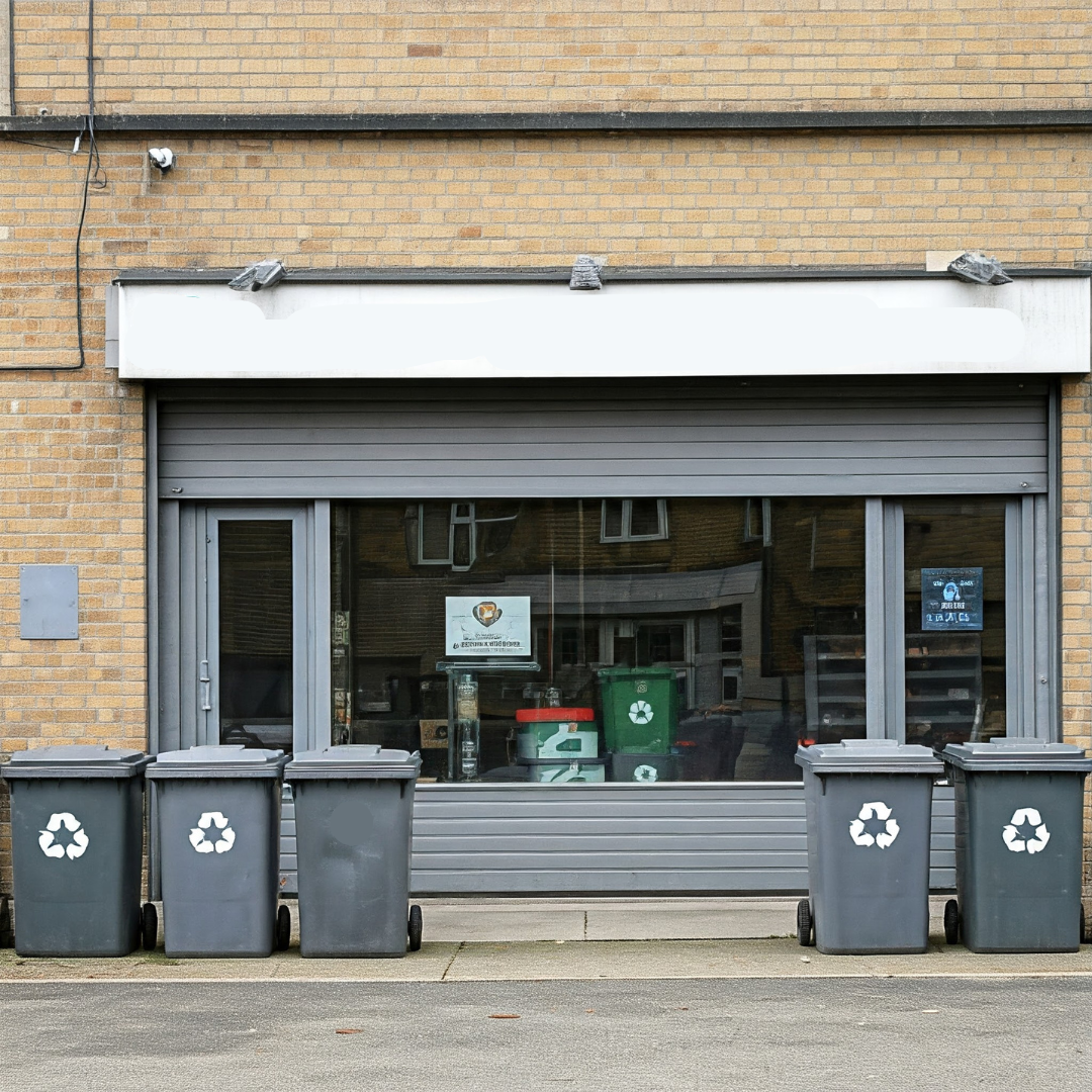 A clean and organized small business office with recycling bins visible in the background.