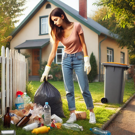 The Costly Consequences of Ignoring Trash Services.A woman cleans up litter near an overflowing trash bin outside a suburban house, highlighting the need for proper trash services.