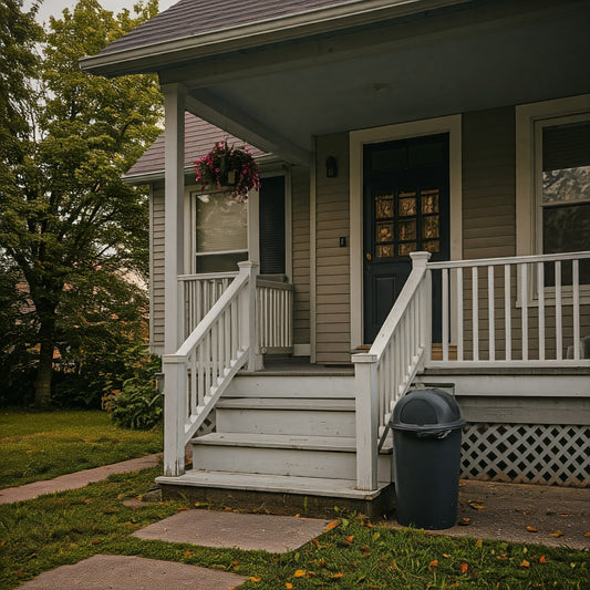 Why Regular Trash Pickup is Essential for Airbnb Hosts. A gray house with a white porch and a black front door. A small black trash can is visible on the bottom step of the porch.