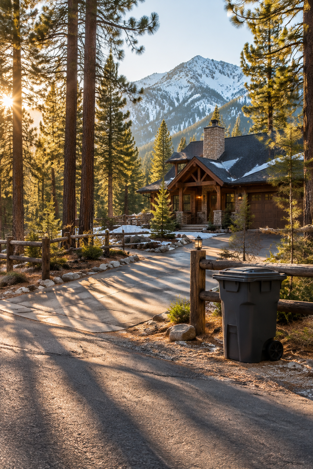A service worker wheels grey and green waste bins along a gravel driveway in front of a rustic mountain cabin while a resident watches nearby, with a disposal truck visible on the street.