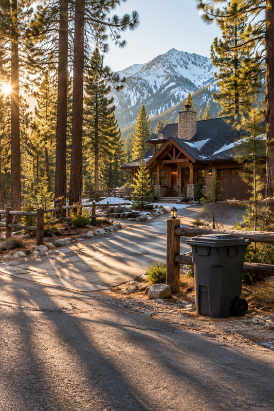 A service worker wheels grey and green waste bins along a gravel driveway in front of a rustic mountain cabin while a resident watches nearby, with a disposal truck visible on the street.