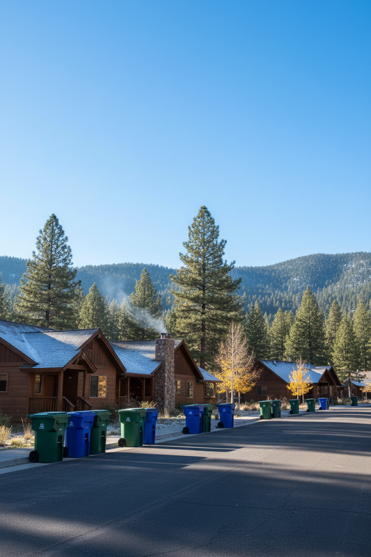 A row of green and blue waste and recycling bins neatly lined up along the curb of a paved road in front of wooden mountain cabins under a clear blue sky.