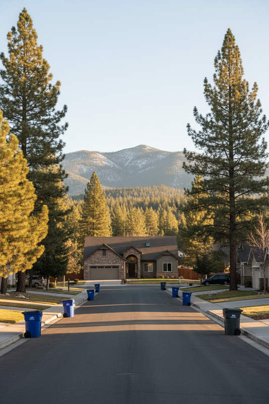 A street in a quiet neighborhood features blue and black waste bins lined along the curbs, with a modern home and majestic snow-capped mountains under a clear sky in the background.