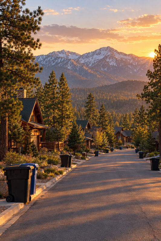 A paved road winds through a mountain neighborhood at sunset, flanked by green and black waste bins along the curbs, with rustic wooden cabins nestled among pine trees and majestic snow-capped mountains rising in the background under a warm golden sky.