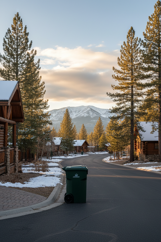 A single closed green waste bin stands along the side of a paved road in a quiet mountain neighborhood lined with wooden log cabins, tall pine trees, patches of snow, and a snow-capped mountain in the distance under a warm sky.