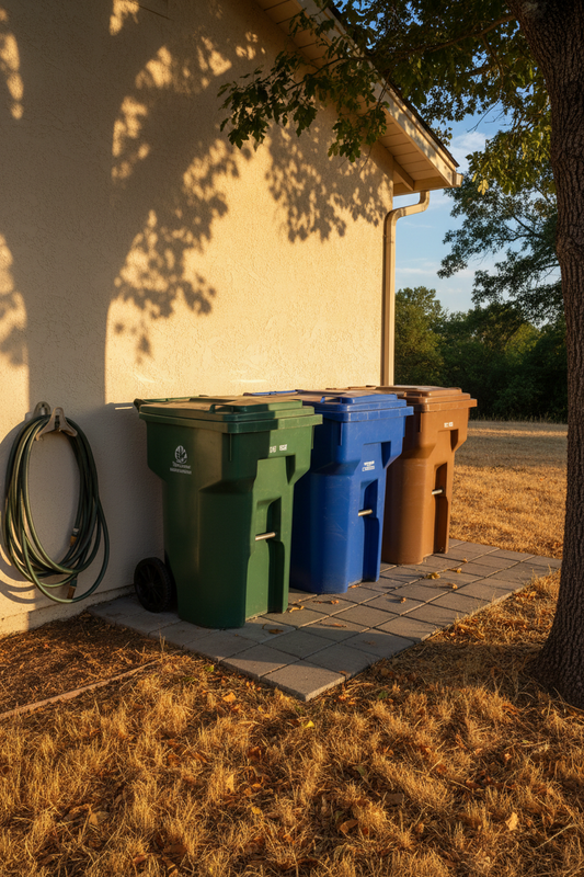 Three closed trash bins (green, blue, and brown) lined up neatly on a paved pad next to the side of a house.