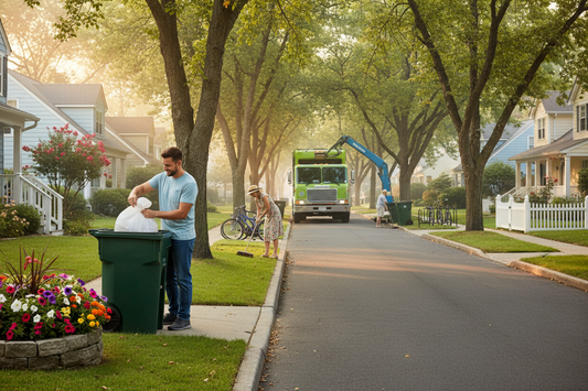 A man places a bag into a closed trash bin on a sunny suburban street, with a trash collection truck and another resident visible in the background.