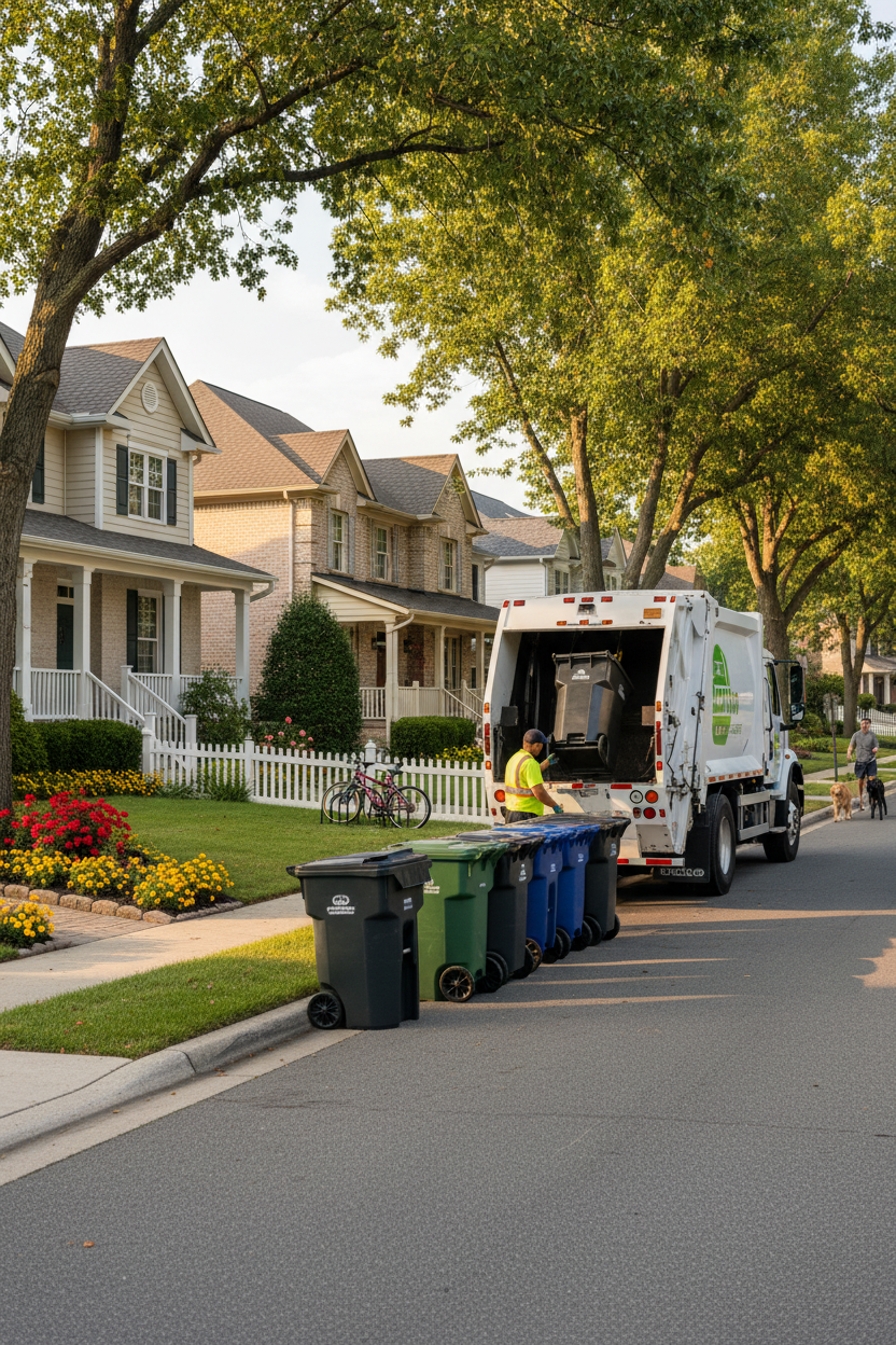 A waste collection worker in a high-visibility vest empties a trash bin into a collection truck on a residential street lined with houses.