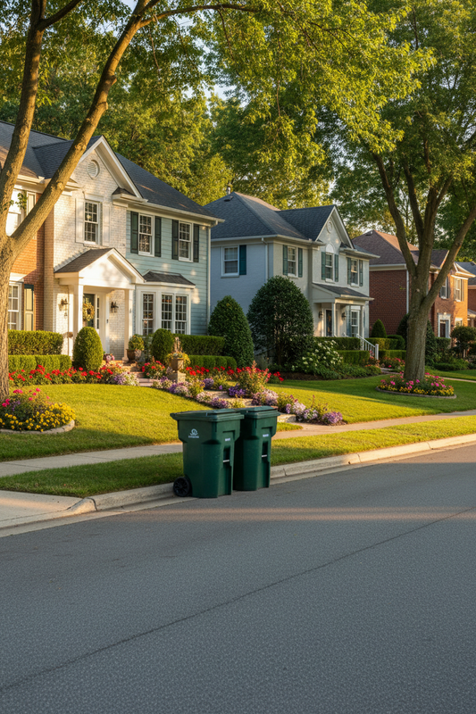 Two closed green trash bins placed neatly at the curb of a quiet, tree-lined suburban street with well-landscaped houses.