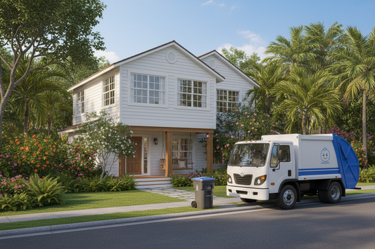 A white and blue valet trash truck parked on the street in front of a two-story suburban home with a closed trash bin on the curb.