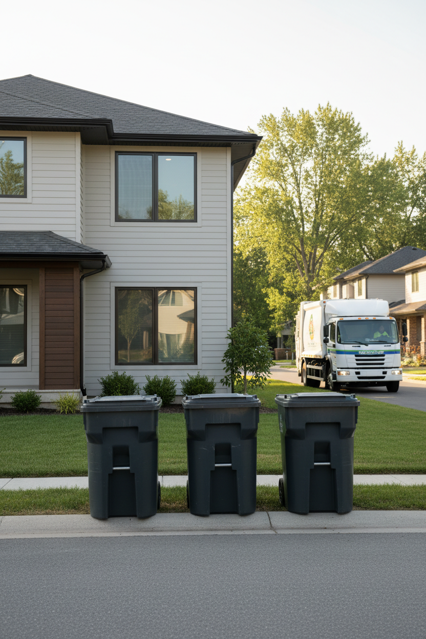 Three closed dark grey trash bins lined up neatly at the curb in front of a modern suburban home, with a waste collection truck approaching down the street.