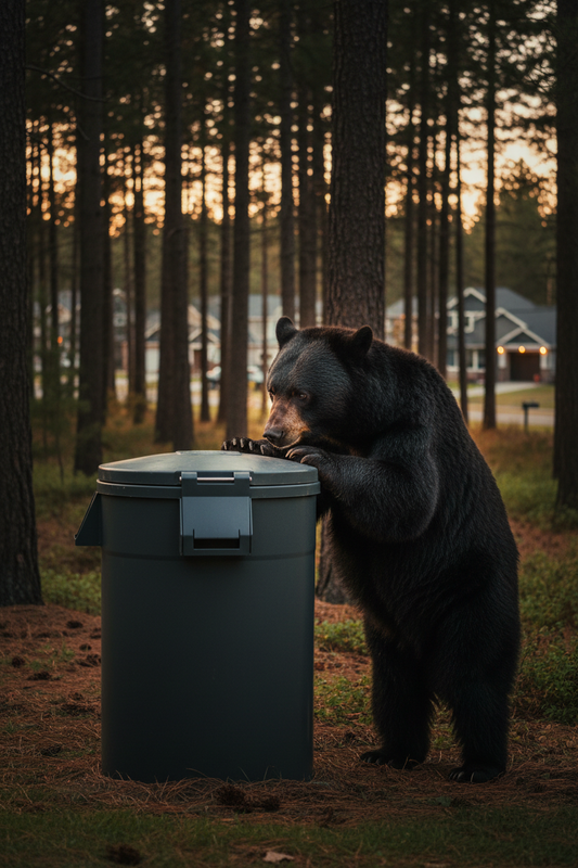 A black bear stands on its hind legs in a wooded residential area, resting its paws on a securely locked, closed green trash can.