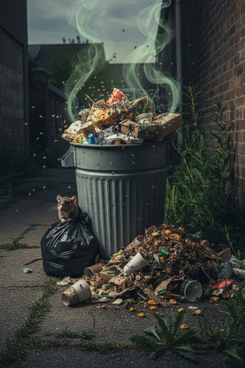An overflowing metal trash can emits green fumes and is surrounded by a rat on a black trash bag, scattered debris, and loose waste in an alleyway.
