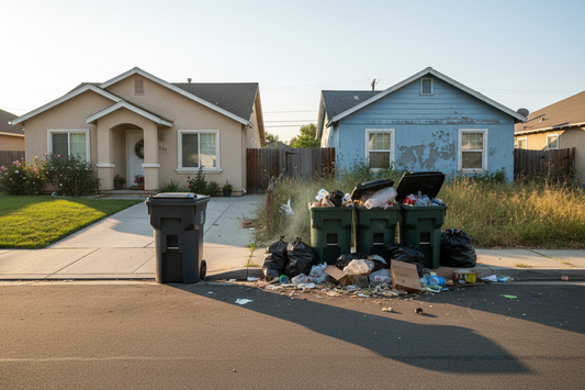 Two suburban houses in front of a street, featuring green bins overflowing with trash and scattered garbage bags on the curb.
