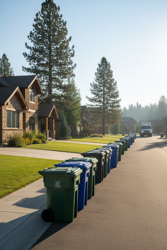 A long row of closed trash bins lines the curb of a suburban street in front of mountain homes, with a service truck visible in the distance.