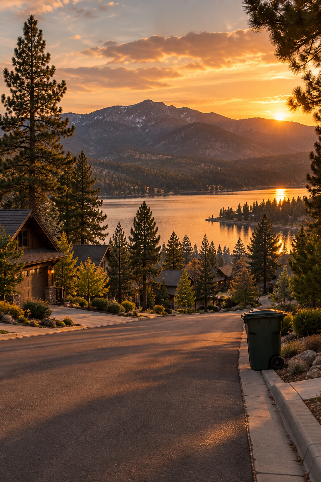 A single green waste bin sits on the curb along a descending paved road in a scenic mountain community, overlooking a tranquil lake reflecting a brilliant sunset over distant mountains and pine-forested hills.