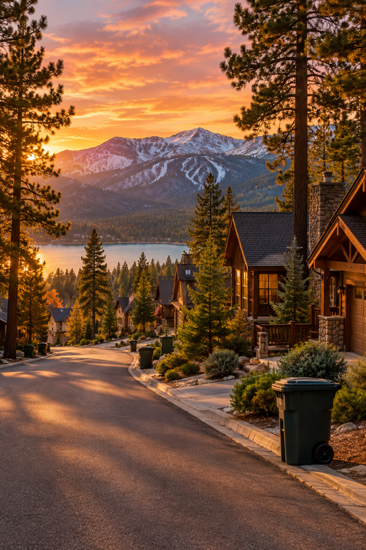 A paved road winds through a mountain neighborhood at sunset, featuring curbside waste bins and rustic wooden cabins framed by tall pine trees, a tranquil lake, and majestic snow-capped mountains under a vibrant golden sky.
