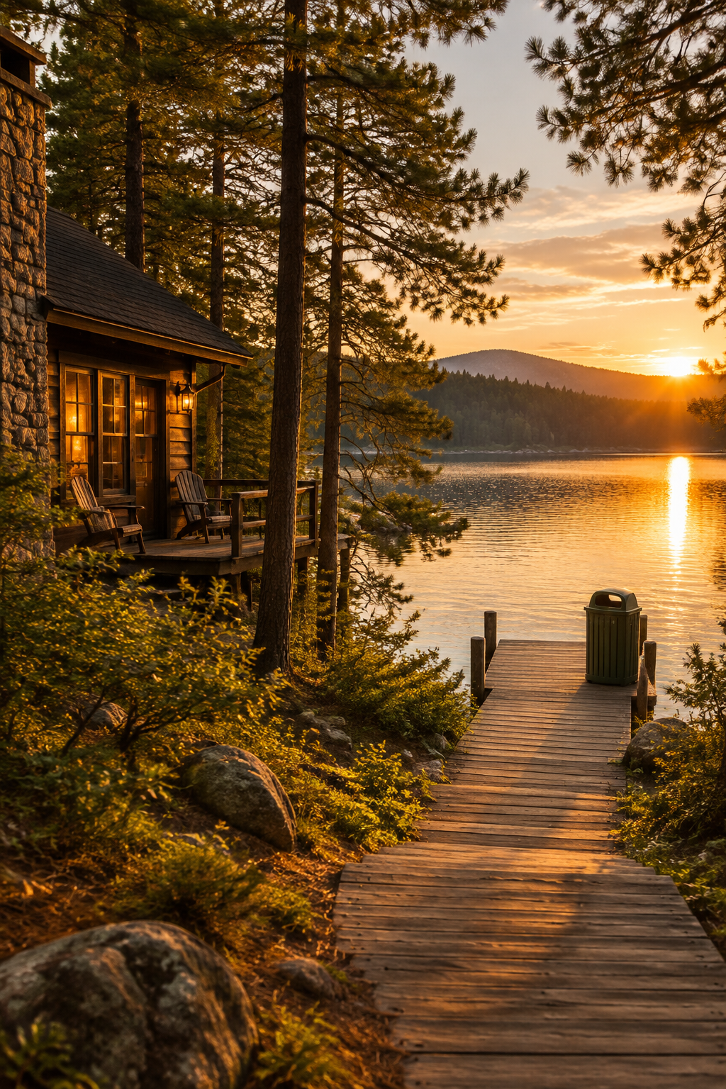A rustic mountain cabin with a stone chimney and glowing windows features a wooden deck overlooking vibrant autumn foliage, a tranquil lake, and snow-capped mountains at sunset.
