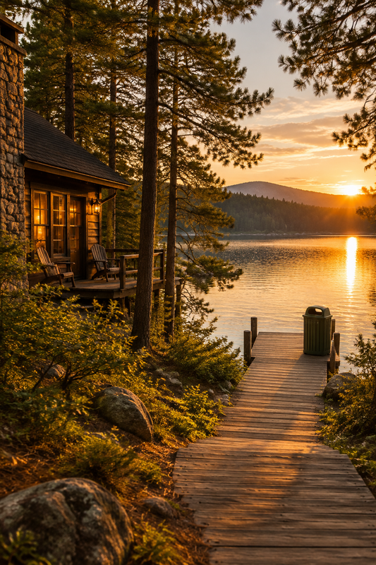 A rustic mountain cabin with a stone chimney and glowing windows features a wooden deck overlooking vibrant autumn foliage, a tranquil lake, and snow-capped mountains at sunset.