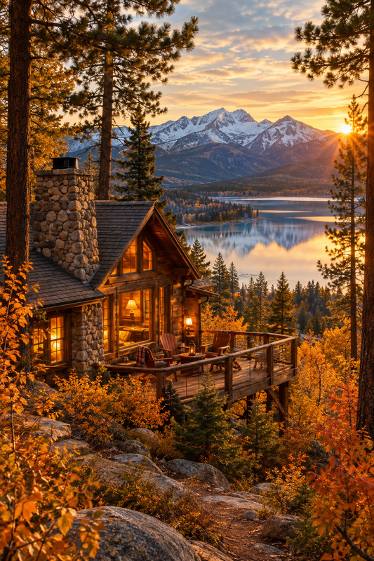 A rustic mountain cabin with a stone chimney and glowing windows features a wooden deck overlooking vibrant autumn foliage, a tranquil lake, and snow-capped mountains at sunset.